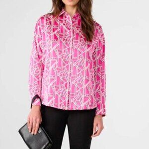 Karl Lagerfeld S Geometric Prink Pink and White Button Front Collared Blouse Top